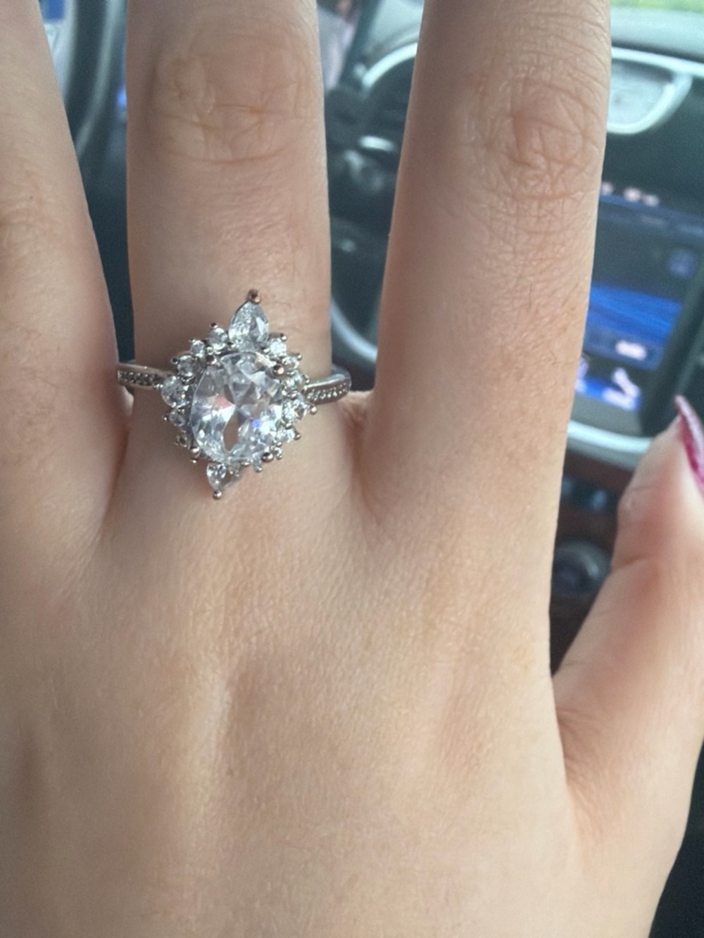 Clear Teardrop Halo Ring in Silver-Tone